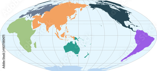 World vector map with continent boundaries and graticules in Asia-Pacific view (Flat polar quartic projection, PPT-compatible, pre-colored & fully editable)