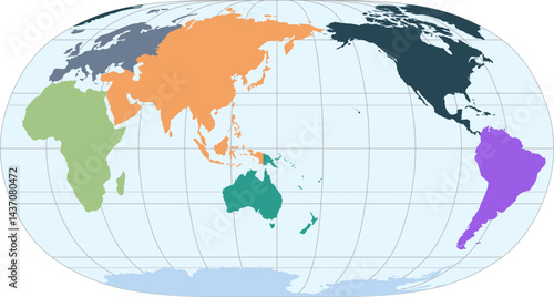 World vector map with continent boundaries and graticules in Asia-Pacific view (Natural Earth II projection, PPT-compatible, pre-colored & fully editable)