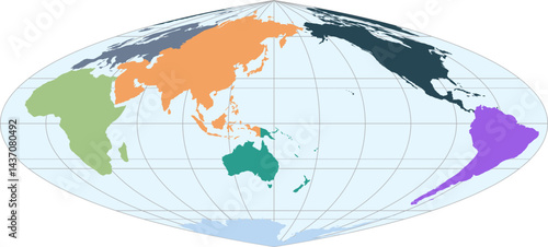 World vector map with continent boundaries and graticules in Asia-Pacific view (Quartic authalic projection, PPT-compatible, pre-colored & fully editable)