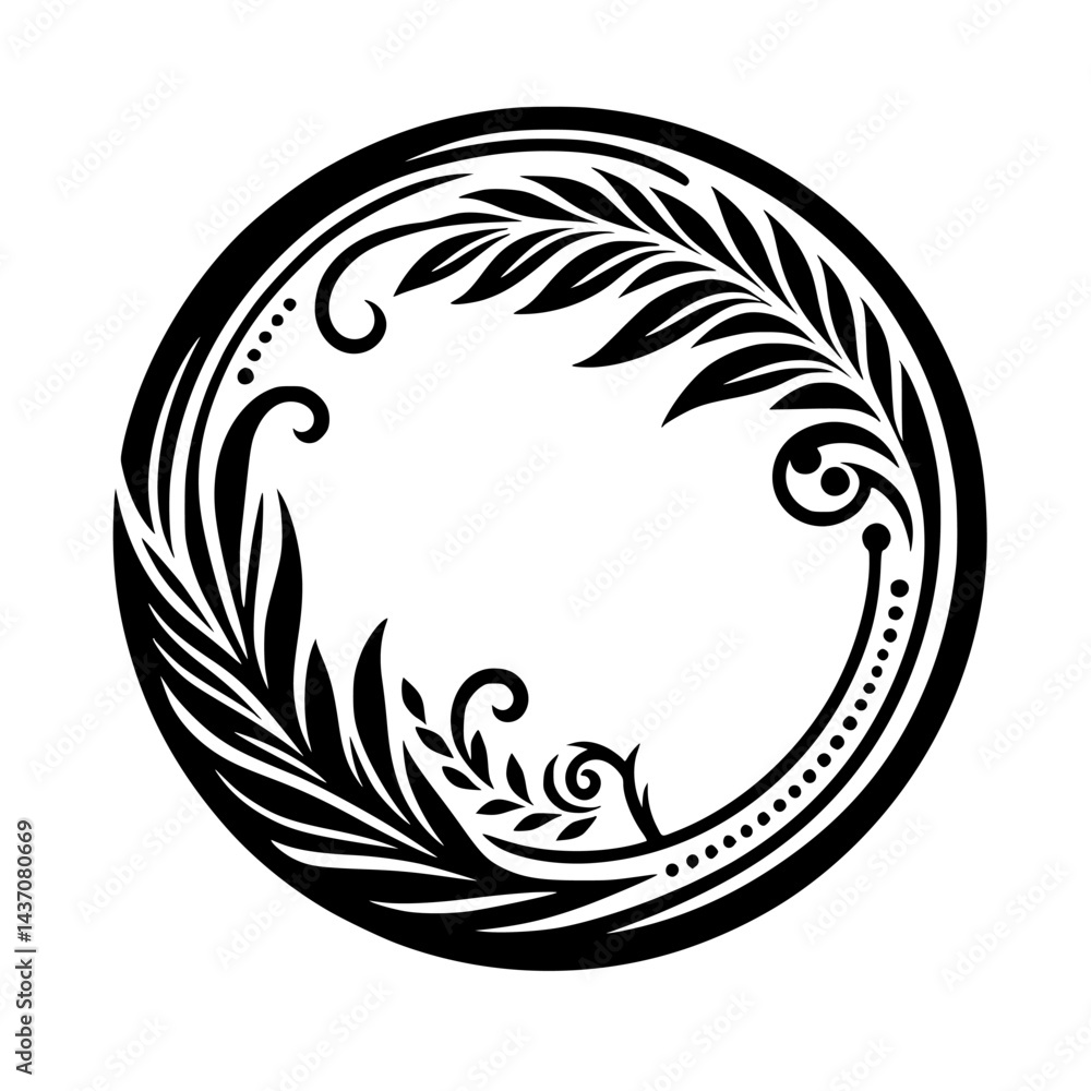 Obraz premium Elegant Black & White Floral Circular Frame - Vector Design