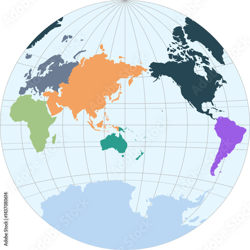 World vector map with continent boundaries and graticules in Asia-Pacific view (Van Der Grinten I projection, PPT-compatible, pre-colored & fully editable)