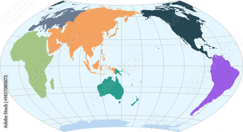 World vector map with continent boundaries and graticules in Asia-Pacific view (Wagner VII projection, PPT-compatible, pre-colored & fully editable)