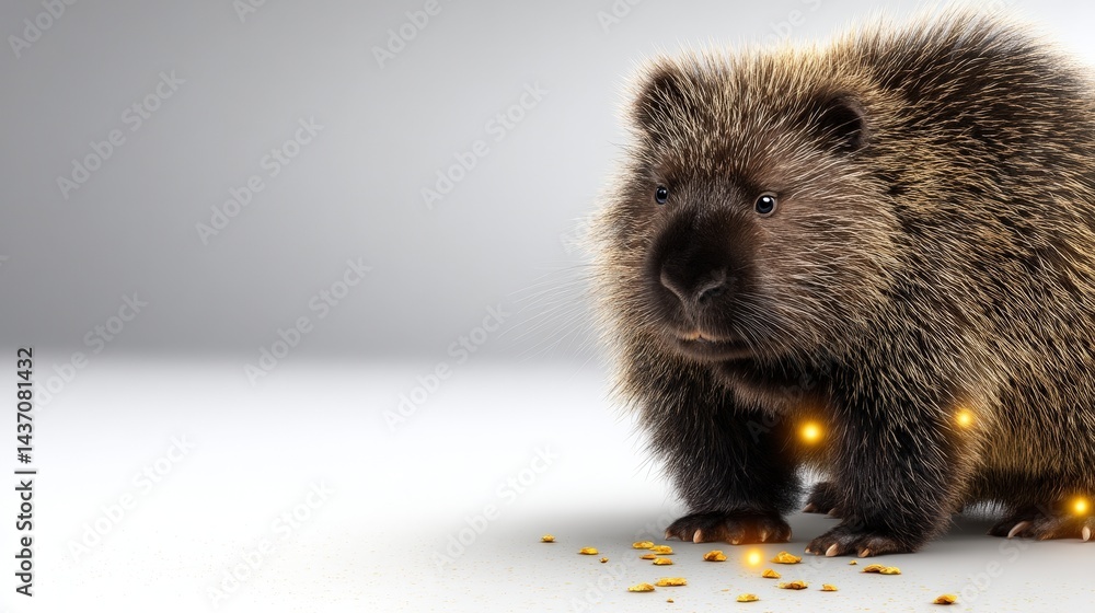 Obraz premium Detailed Close-Up of a Wombat on a Light Background with Golden Highlights and Food Crumbs