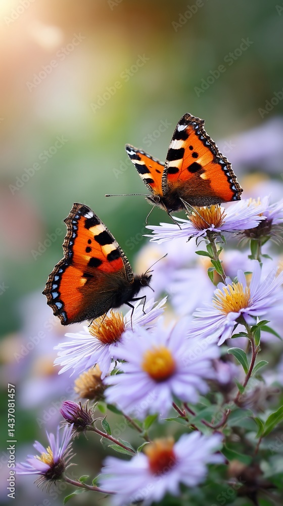 Obraz premium Two butterflies on purple flowers in a garden bathed in sunlight. Possible use Nature photography, wallpaper, greeting card