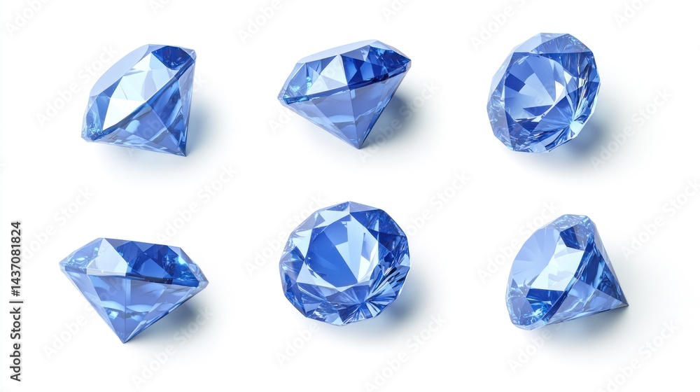Six blue diamonds, various angles, white background, jewelry website Six blue diamonds, various angles, white background, jewelry website