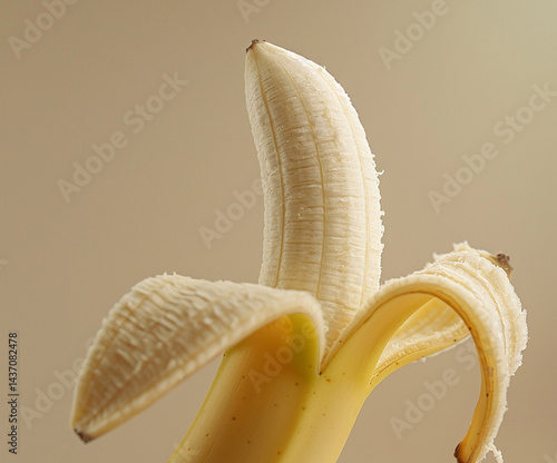 Close-up of a fresh peeled banana on neutral background, showcasing detailed texture and natural ripeness, ideal for healthy food concepts, organic lifestyle themes, and tropical fruit promotions