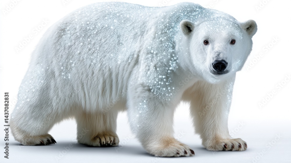 Fototapeta premium Majestic polar bear with snowflakes on fur standing against a white background in winter scene