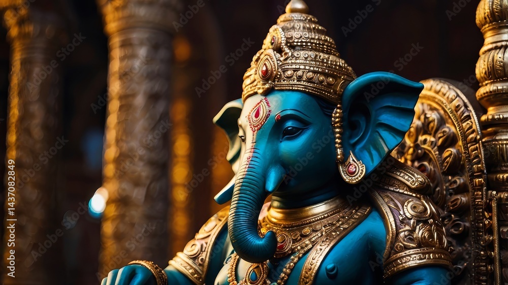 Fototapeta premium The statue of Lord Ganesha is detailed, seated in a meditative pose. Ornate, golden-toned garments, intricate details, and rich teal blue embellishments. Lord Ganesha.