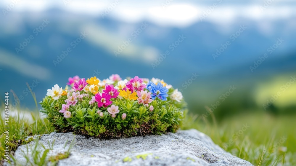 Obraz premium Vibrant wildflowers cluster on a rock, surrounded by lush greenery and a backdrop of misty mountains. A scene of alpine beauty