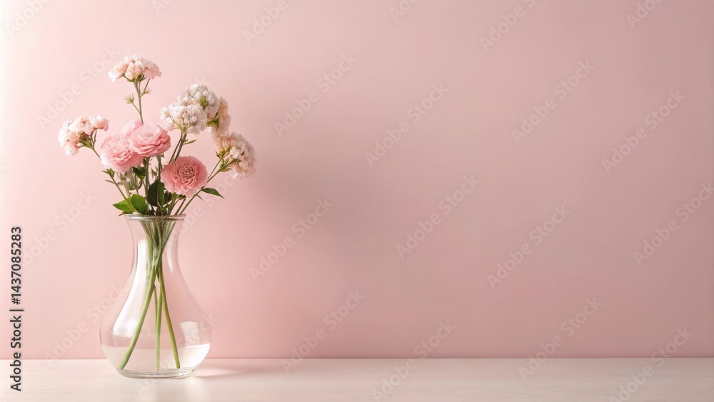 Pink flowers in a clear glass vase on a pale surface against a blush wall Pink flowers in a clear glass vase on a pale surface against a blush wall