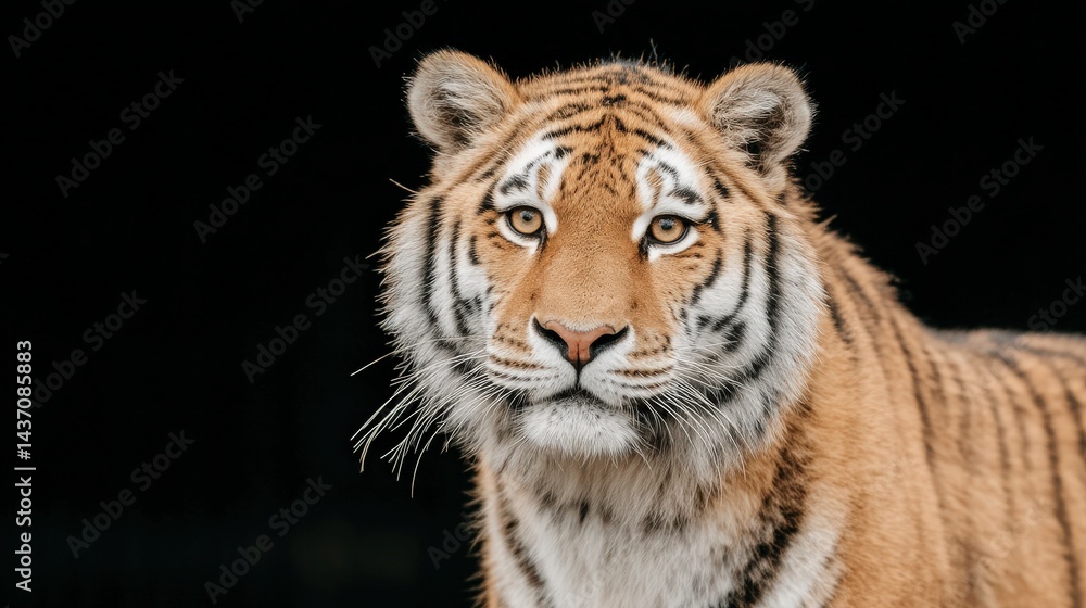 Obraz premium Majestic Tiger Portrait Wild Cat Orange Fur Dark Background Closeup Intense Gaze Pow