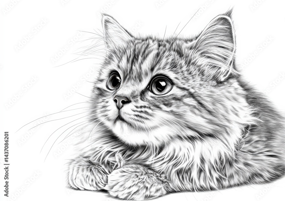 custom made wallpaper toronto digitalGrayscale Cat Illustration Fluffy Pet Portrait with Expressive Eyes
