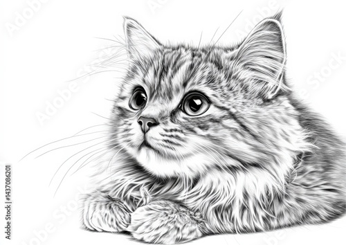 Wallpaper Mural Grayscale Cat Illustration Fluffy Pet Portrait with Expressive Eyes Torontodigital.ca