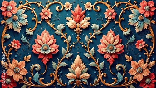 Intricate woven floral damask, elegant swirls and leaves , design element, decoration, art