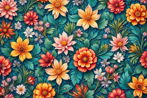 Wallpaper Mural Intricate botanical illustration, repeating pattern, flower, print, petal Torontodigital.ca