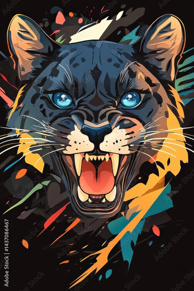 Obraz premium Snarling Big Cat Pixel Art with Vibrant Paint Splatter