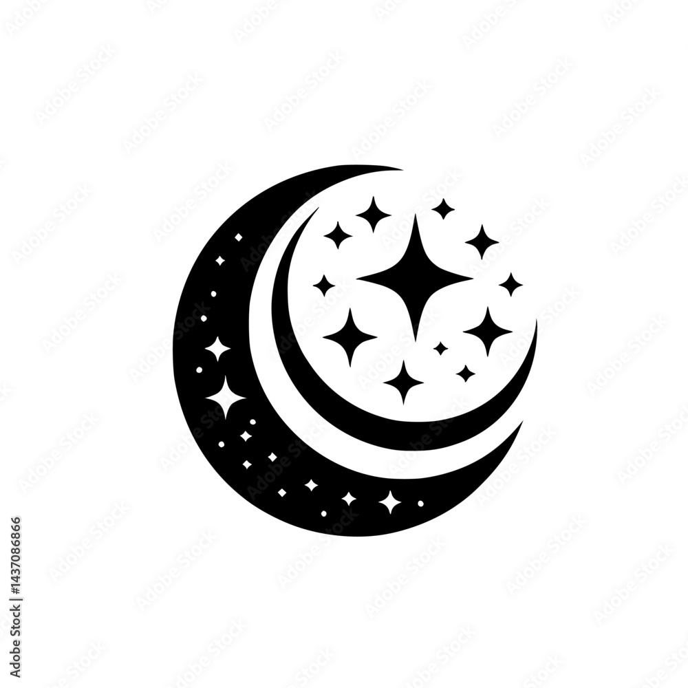 Celestial Crescent Moon and Stars: Black and White Vector Illustration