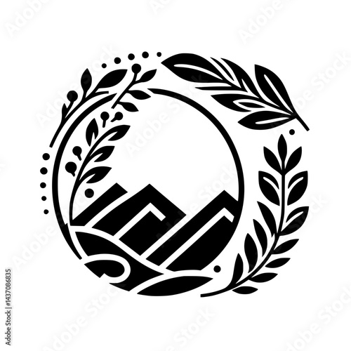 Black & White Nature Crest: Mountains, Laurel, Leaves