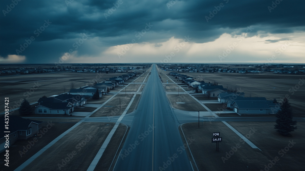 Fototapeta premium Empty suburban neighborhood with for sale signs on front lawns, aerial view of deserted residential streets under cloudy weather. Housing market crisis and economic downturn concept.