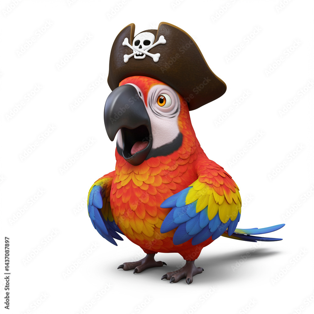 Naklejka premium 3D Cartoon Parrot Pirate A Colorful Squawking Bird in a Captain's Hat