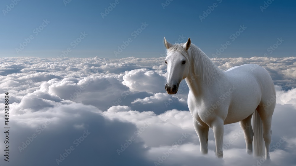 Obraz premium Majestic White Horse Standing Among Soft Fluffy Clouds Under Bright Blue Sky
