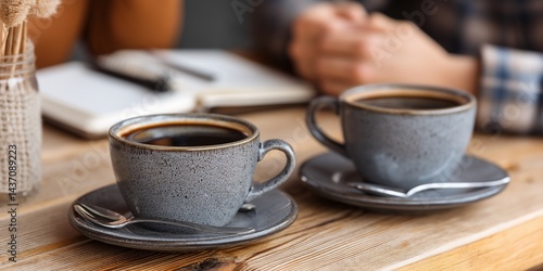 Two coffee cups on a wooden table. People are sitting, enjoying a coffee break. Suitable for use in cafes, restaurants, or lifestyle imagery