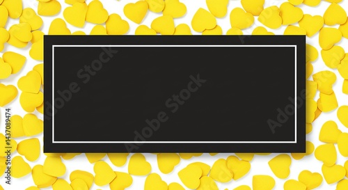 cheerful decorative stock photo displays yellow background filled abstract hearts leaving copy space text creating uplifting visual element perfect happy designs wallpaper patterns modern graphic