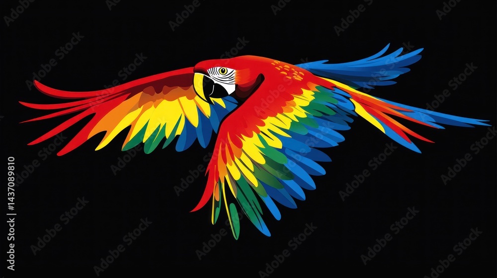 Fototapeta premium Scarlet Macaw in flight, black background, vibrant plumage, wildlife illustration