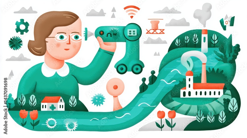 Fototapeta premium Woman Holding Green Device Panoramic View of Nature and Industry with Illustration Elements