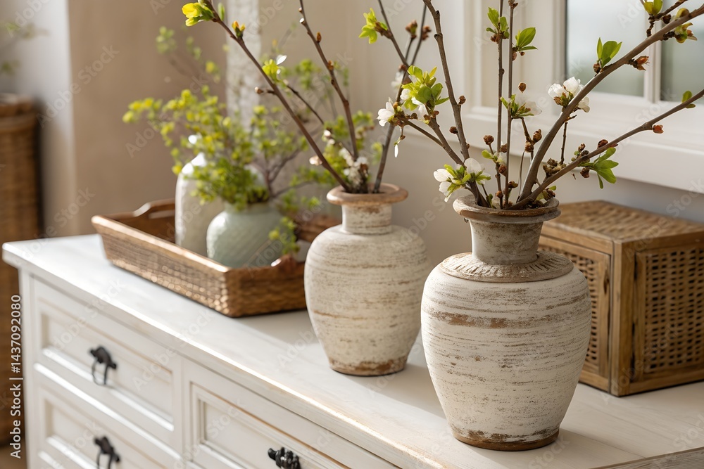 Rustic ceramic vases with spring branches on white furniture with cane details, close-up in natural light.
Rustic ceramic vases with spring branches on white furniture with cane details, close-up in natural light.