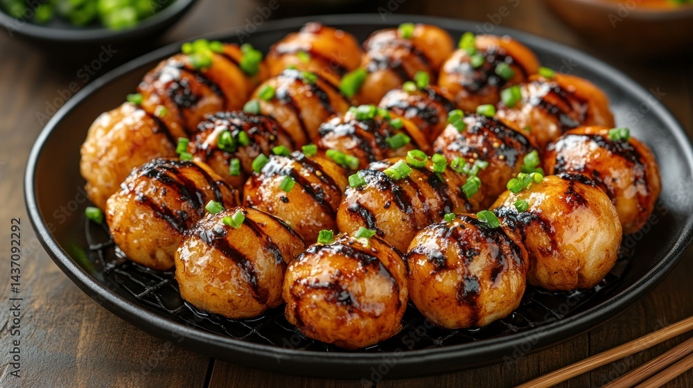 Delicious golden-brown, glazed, round balls, arranged on a dark plate. Generous drizzles of dark glaze. Garnished with green onions Delicious golden-brown, glazed, round balls, arranged on a dark plate. Generous drizzles of dark glaze. Garnished with green onions