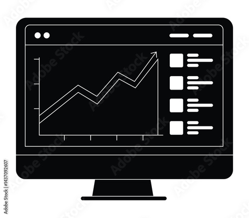 Web analytic information on Computer screen flat icon. trend graphs report concept. statistic charts for planning and accounting, analysis, audit,