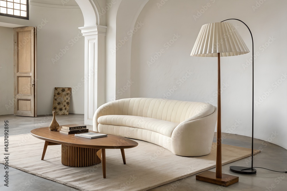 Fototapeta premium Minimalist interior with a curved sofa, pleated floor lamp, and modern wooden coffee table... 