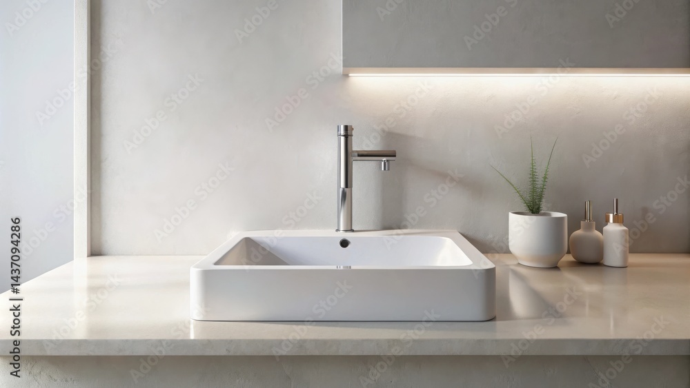 Fototapeta premium Modern minimalist bathroom sink design with sleek chrome faucet and subtle lighting