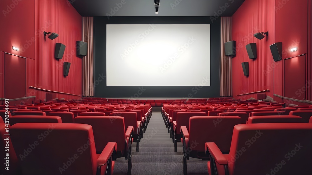 Fototapeta premium Red Cinema Auditorium with Empty Seats and Large Screen Display