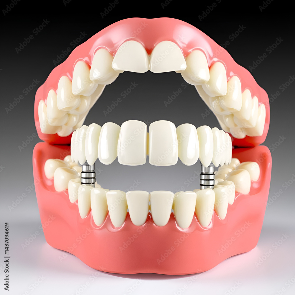 Fototapeta premium Full-arch porcelain implant-supported dental prosthesis for edentulous jaws with All-on-X and All-on-4 treatment procedure using dental implant surgery.