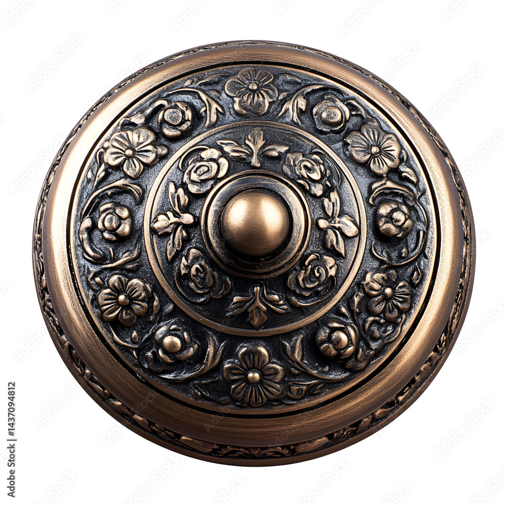 Naklejka premium Detailed bronze disk with golden knob and intricate pattern on dark background