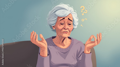 The alzheimer dementia illness disease affects an elderly woman with amnesia, memory loss, and confusion. Oblivious. Illustration