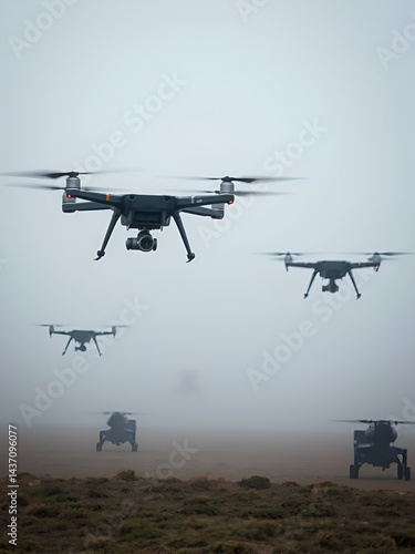 Military drones soar amid tactical operations in a misty landscape