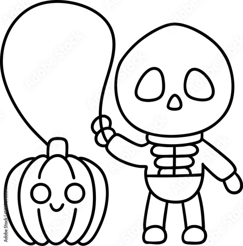 cute skeleton character holds balloon shaped like pumpkin, perfect for festive Halloween theme