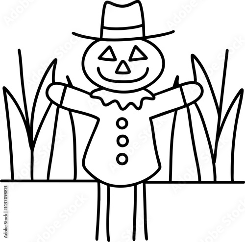 cheerful scarecrow stands in field surrounded by tall grass, embodying spirit of western Halloween festivities