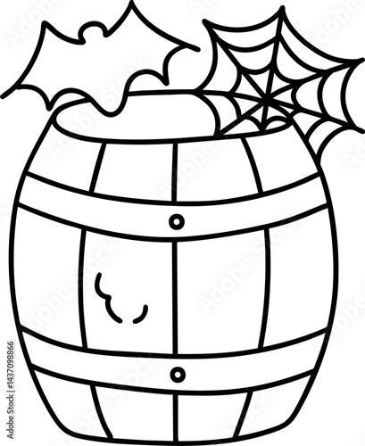 spooky western barrel filled with Halloween decorations like bats and spider webs creates festive atmosphere