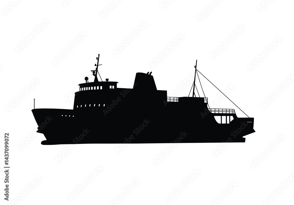 Fototapeta premium Ferry boat silhouette. This image shows a black silhouette of a ferry boat, also known as a ship or vessel, with detailed features like masts, cabins, and railings. Vector clipart illustration design.
