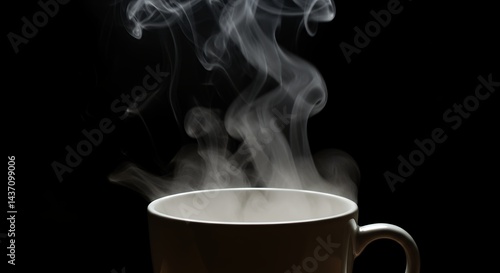 Capture beauty of hot steam rising elegantly from coffee cup extreme close-up on black background producing natural smoky effect ideal representing mist fog vapor abstract atmospheric concepts