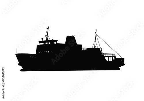 Ferry boat silhouette. This image shows a black silhouette of a ferry boat, also known as a ship or vessel, with detailed features like masts, cabins, and railings. Vector clipart illustration design.