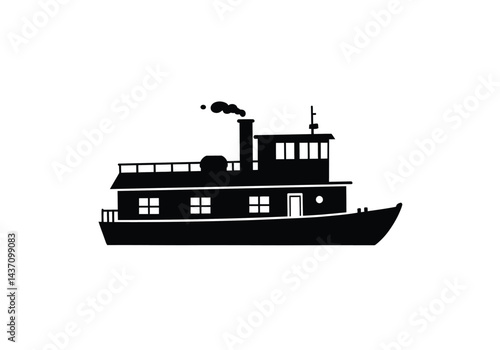 Houseboat silhouette. This image shows a houseboat silhouette, also known as a floating home or boat house, showcasing its cabin, chimney, and deck details. Vector clipart illustration design.