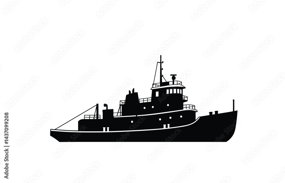Obraz premium Towboat silhouette. This image shows a black silhouette of a towboat, also known as a pushboat or tugboat, used for transporting cargo and assisting vessels. Vector clipart illustration design.