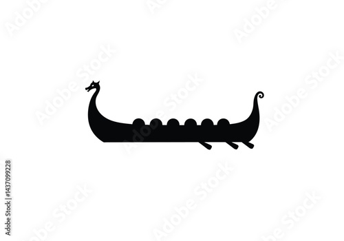 Viking boat silhouette. A black silhouette image of a Viking longship with dragon head at the front and curved tail at the back, featuring oars and a simple design. Vector clipart illustration design.