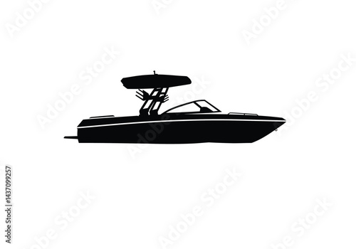 Wakeboard boat silhouette. This image shows a black silhouette of a wakeboard boat with a tower and canopy, used for water sports and recreational activities. Vector clipart illustration design.