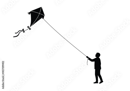 Kite flying silhouette. This image shows a person holding a string and flying a kite, depicting the traditional outdoor activity of kite flying. Vector clipart illustration design.